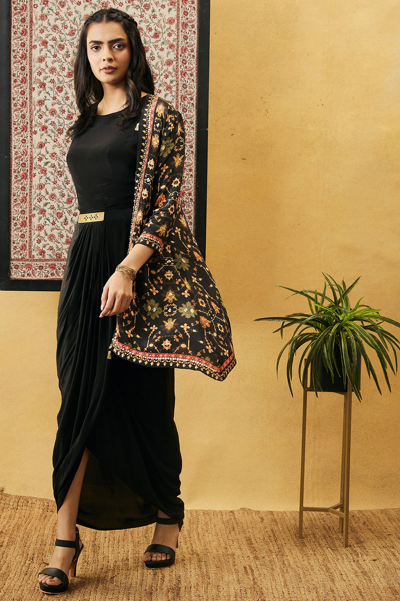 sougat paul Zahra Solid Drape Dress With Jacket black online shopping melange singapore indian designer wear