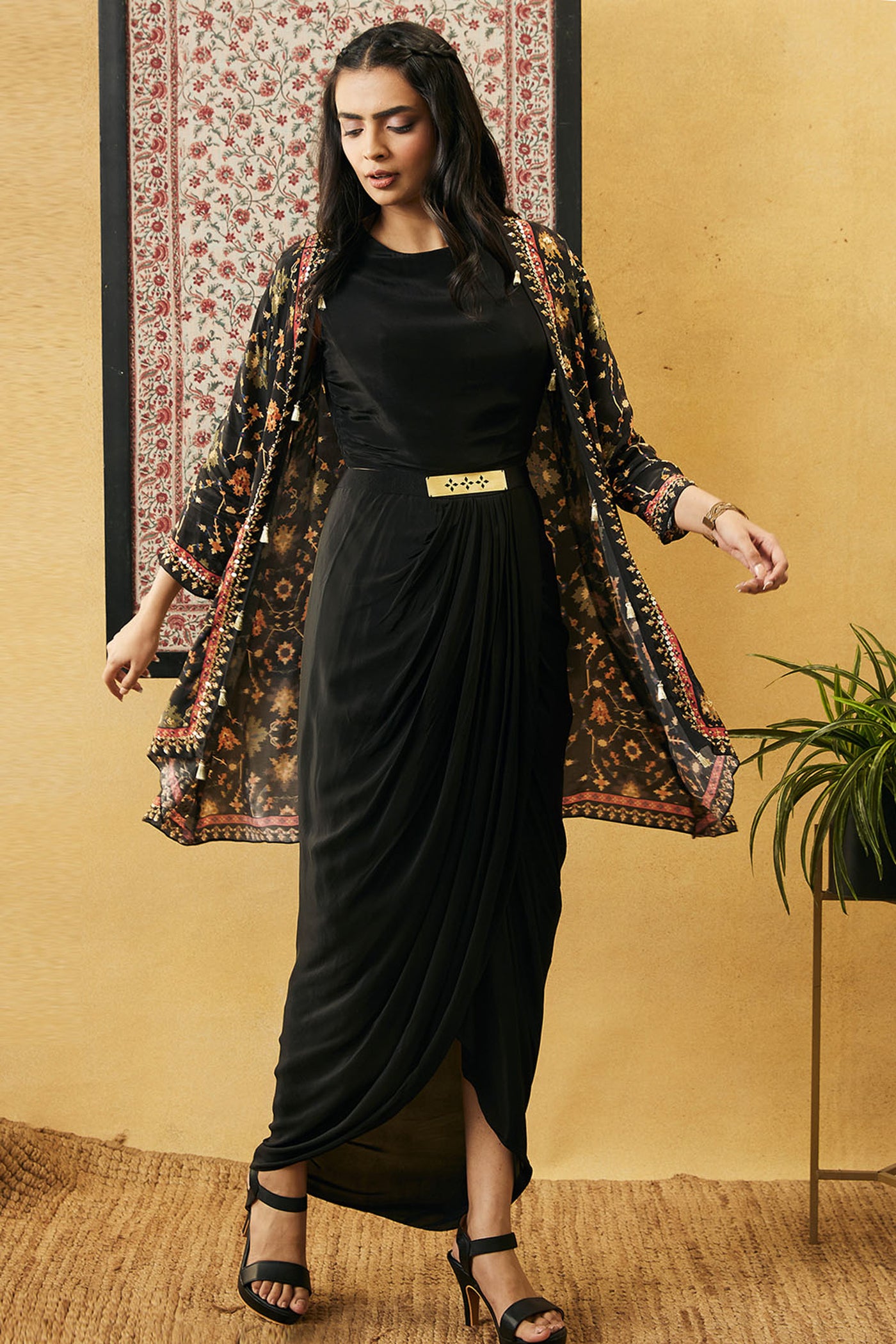 sougat paul Zahra Solid Drape Dress With Jacket black online shopping melange singapore indian designer wear