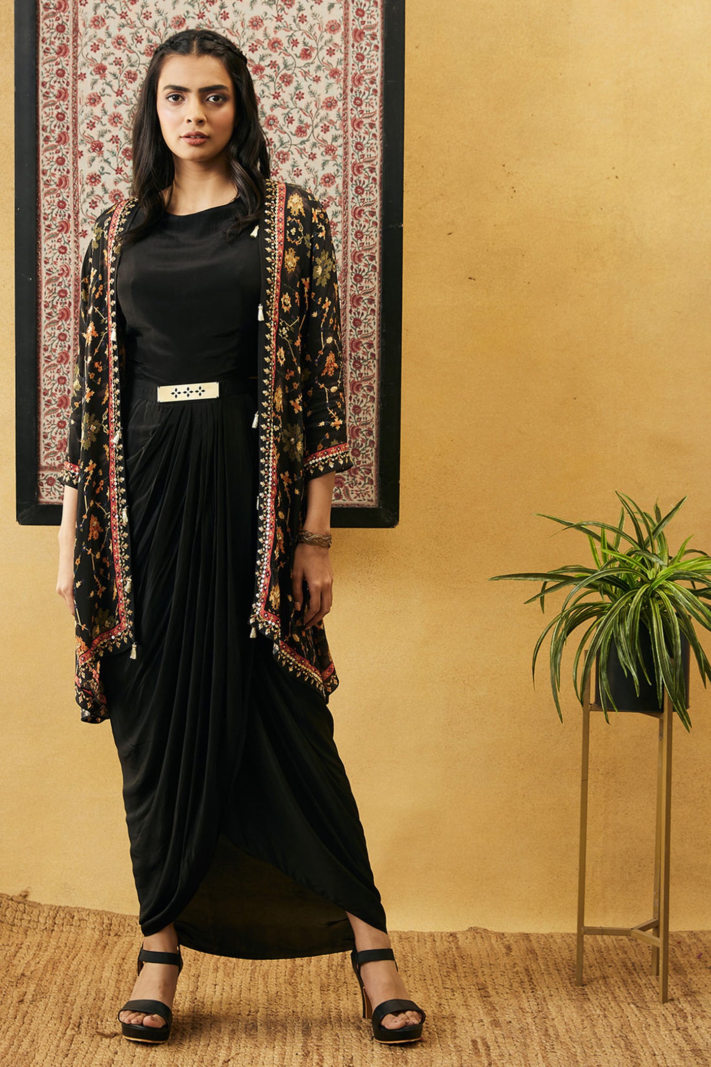 sougat paul Zahra Solid Drape Dress With Jacket black online shopping melange singapore indian designer wear