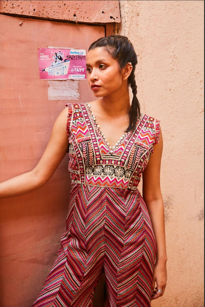 SVA Bohemain Stripe Print Bell Bottom Jumpsuit Indian designer wear online shopping melange singapore