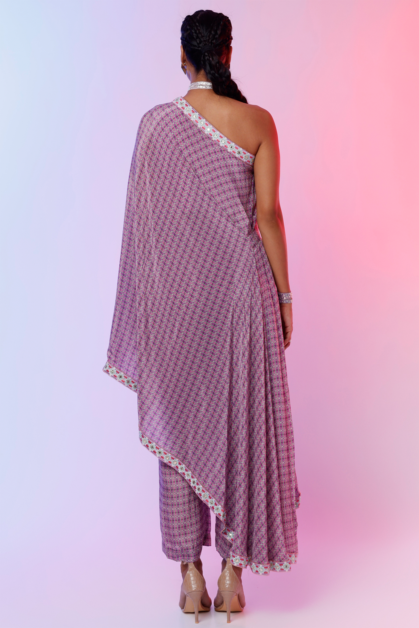 sva by sonam and paras modi Lilac And Purple Lattice Printed One Shoulder Saree With Pants Festive fusion Indian designer wear online shopping melange singapore indian designer wear
