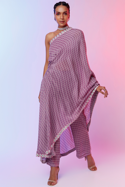 sva by sonam and paras modi Lilac And Purple Lattice Printed One Shoulder Saree With Pants Festive fusion Indian designer wear online shopping melange singapore indian designer wear