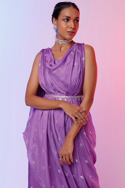 sva by sonam and paras modi Purple Embellished Crop Top With Attached Drape Teamed With Embellished Pants Festive fusion Indian designer wear online shopping melange singapore indian designer wear