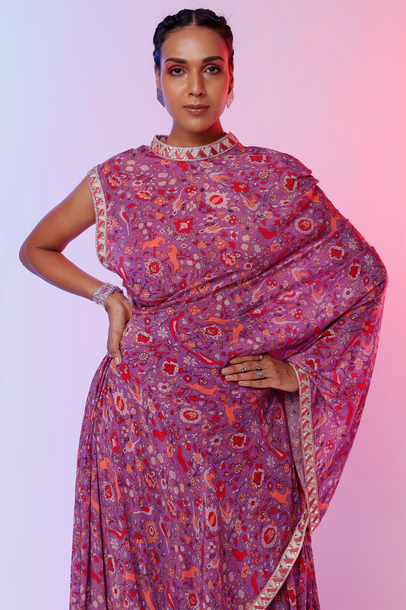 sva by sonam and paras modi Purple Saanjh Print Drape Saree With Embroidered Border Teamed With A Printed Drape Skirt Festive fusion Indian designer wear online shopping melange singapore indian designer wear