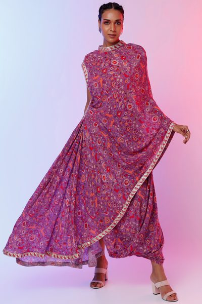sva by sonam and paras modi Purple Saanjh Print Drape Saree With Embroidered Border Teamed With A Printed Drape Skirt Festive fusion Indian designer wear online shopping melange singapore indian designer wear