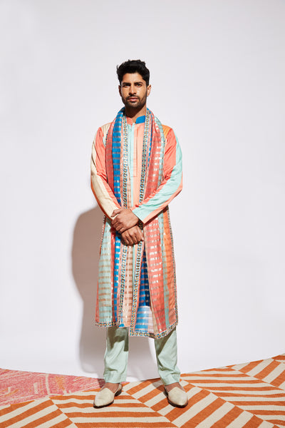 Sva by sonam and paras modi menswear Stripe printed kurta with mint pants mulitcolor festive indian designer wear online shopping melange singapore