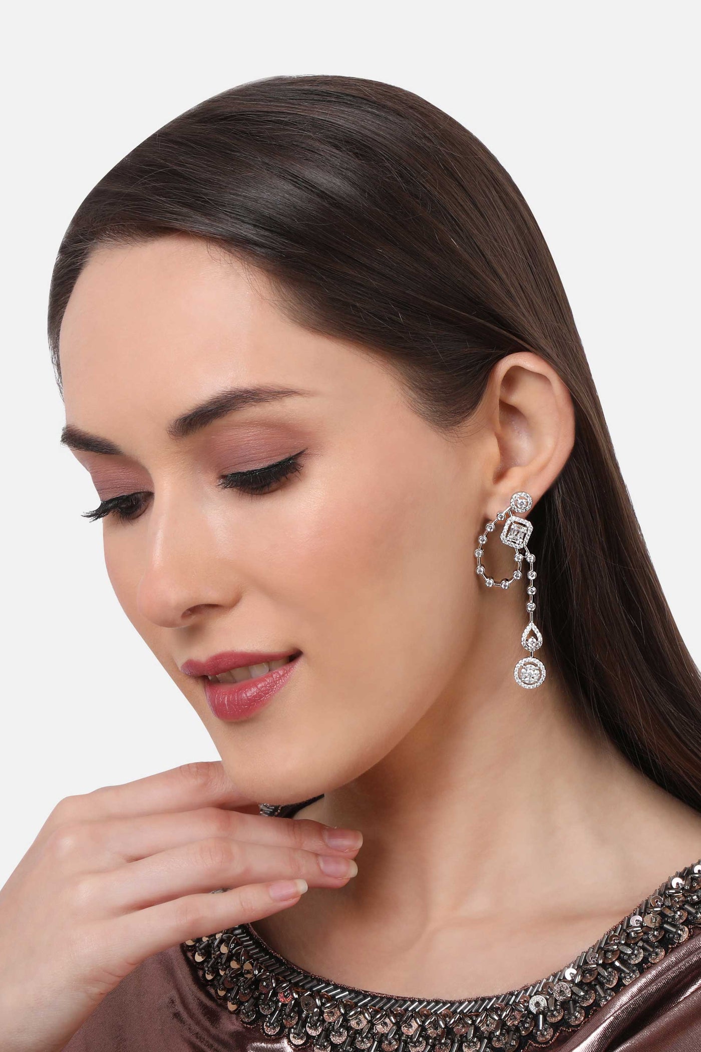 Tizora baguette and round long diamond earrings white fashion imitation jewellery indian designer wear online shopping melange singapore