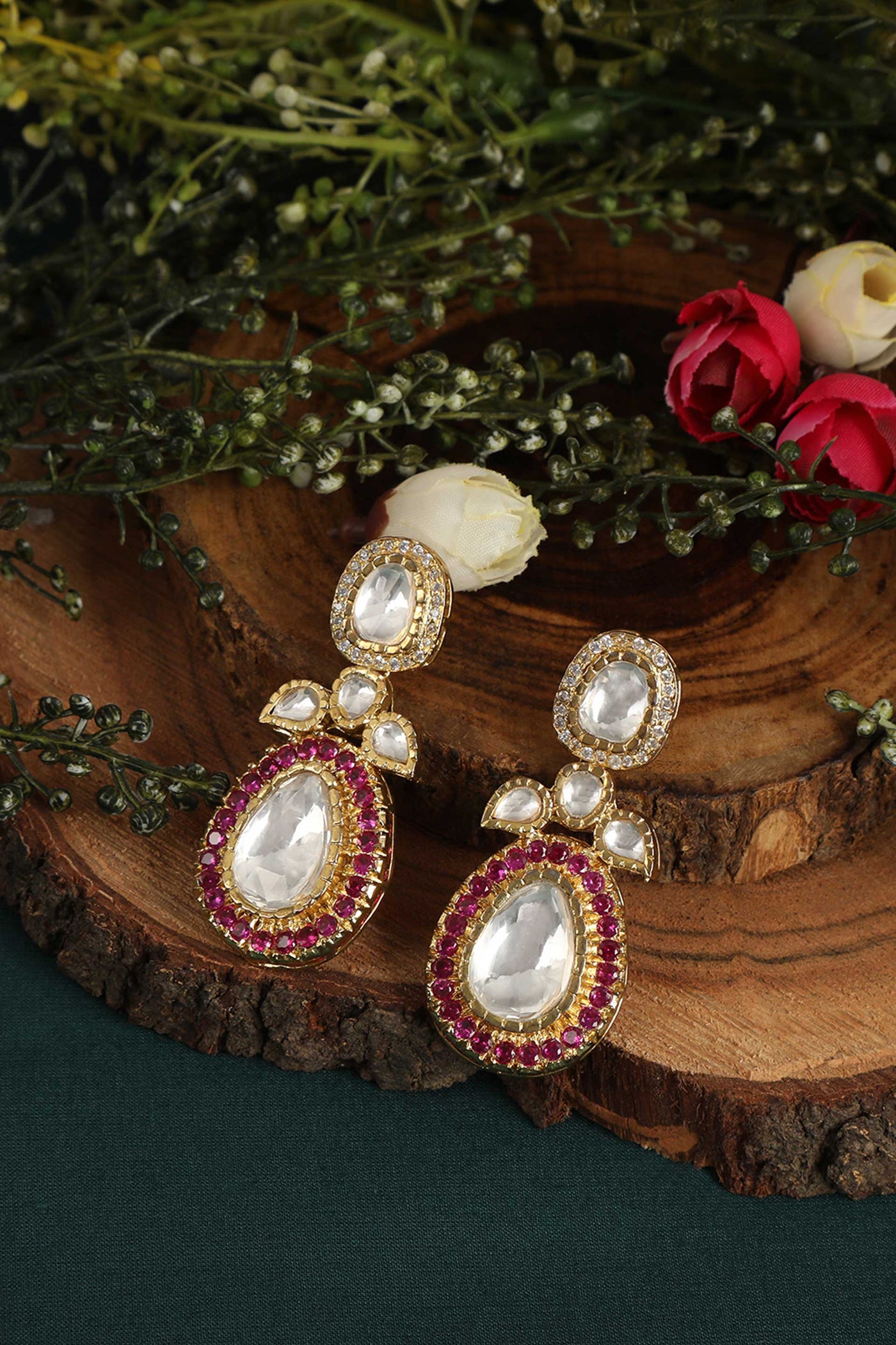 Tizora evening wear kundan earrings red white gold fashion imitation jewellery indian designer wear online shopping melange singapore