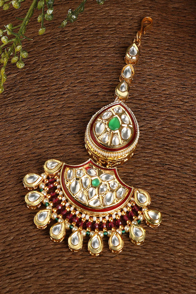 Tizora kundan meena rajwadi mangtikka red green gold fashion imitation jewellery indian designer wear online shopping melange singapore