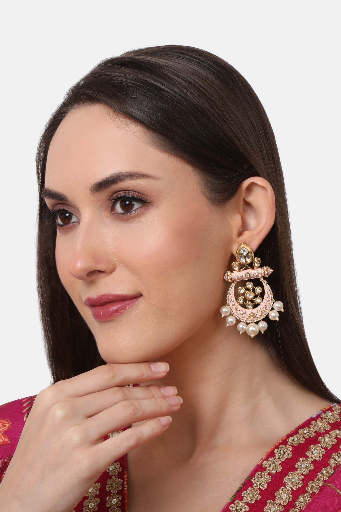 Tizora pink meenakari rajwadi chandbali pink and gold fashion imitation jewellery indian designer wear online shopping melange singapore