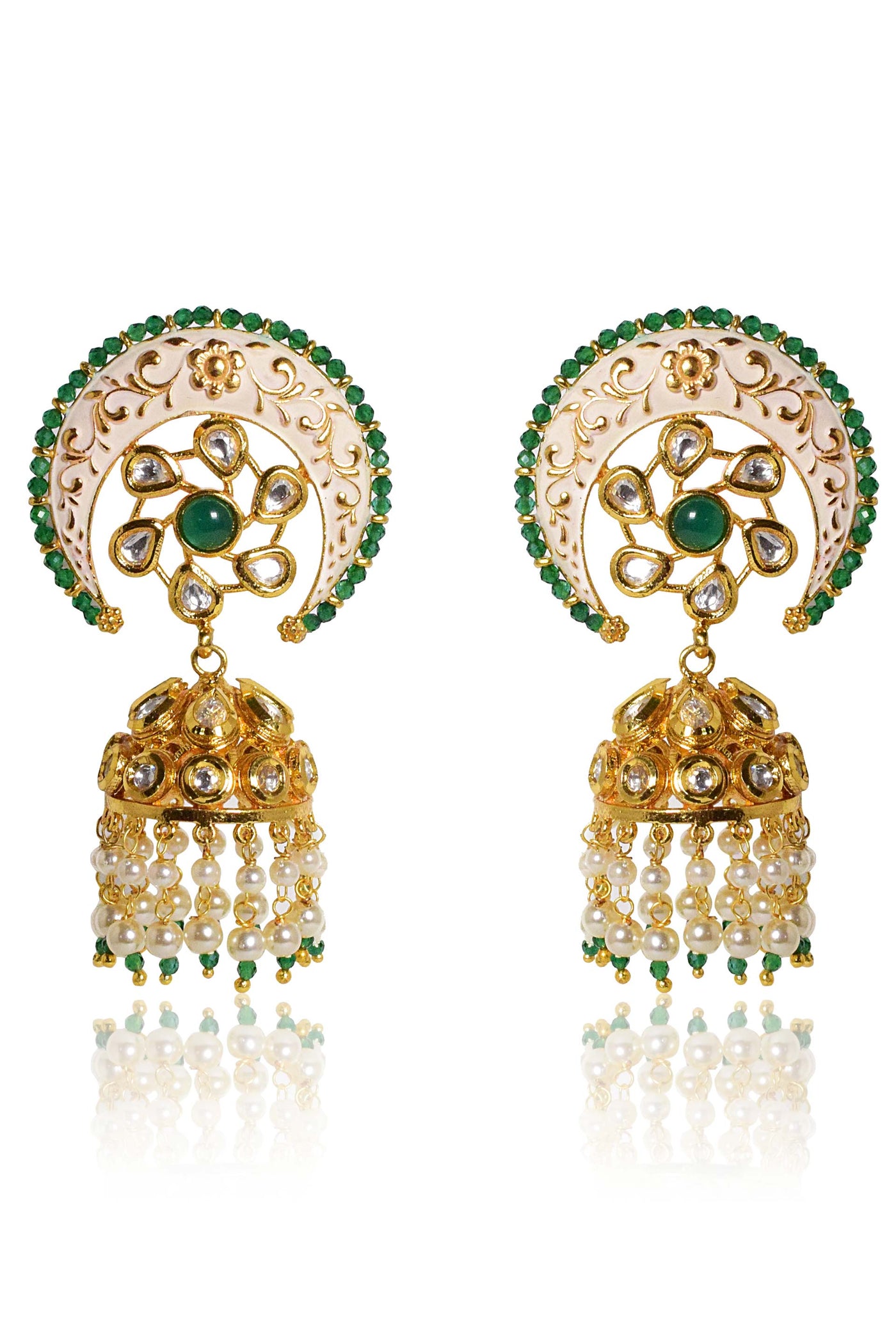 Tizora white meena chand jhumki gold green and white fashion imitation jewellery indian designer wear online shopping melange singapore