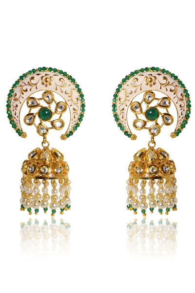 Tizora white meena chand jhumki gold green and white fashion imitation jewellery indian designer wear online shopping melange singapore