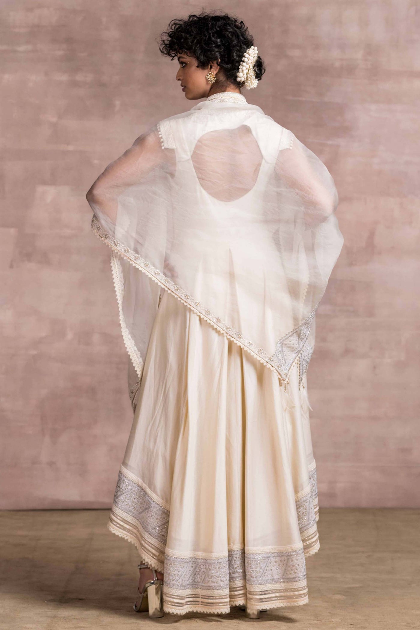 Tarun Tahiliani Asymmetrical Kalidar Kurta With Matching Dhoti Pants And Sheer Silk Scarf ivory festive indian designer wear online shopping melange singapore