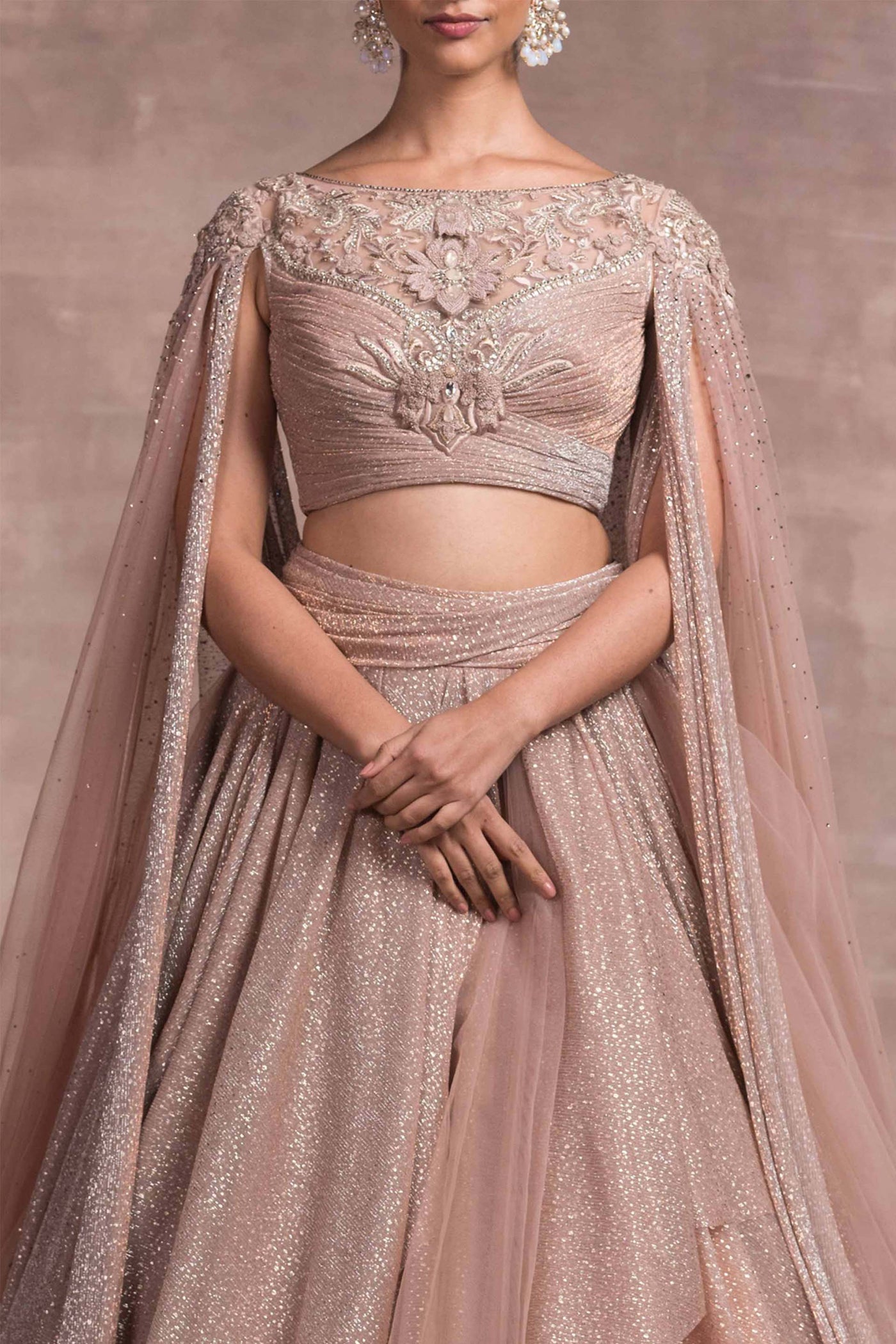Tarun Tahiliani Asymmetric Lehenga Paired With Embellished Blouse pink fusion wedding bridal indian designer wear online shopping melange singapore