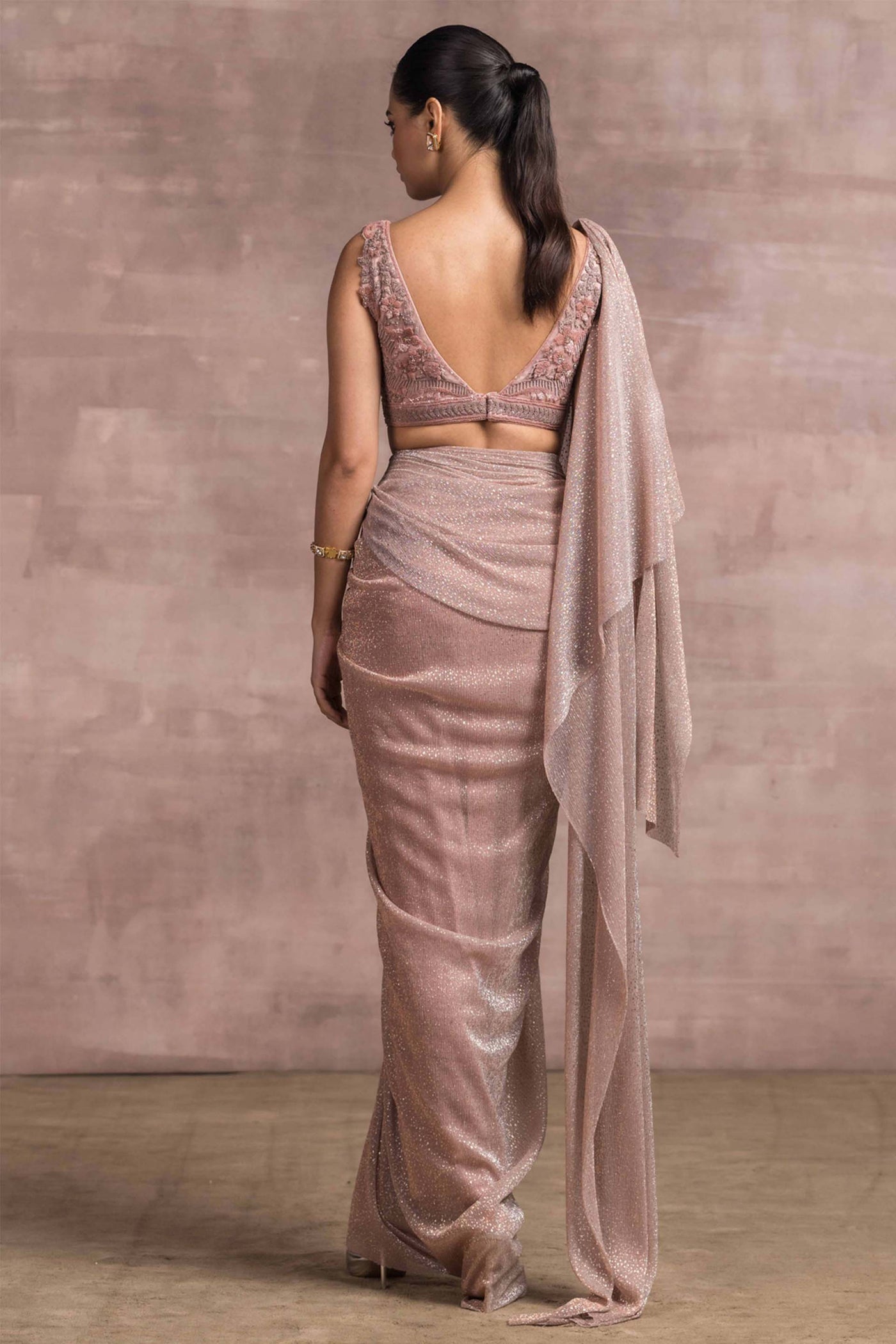 Tarun Tahiliani Draped Concept Saree In Novelty Foil Crinkle With Blouse fusion indian designer wear online shopping melange singapore