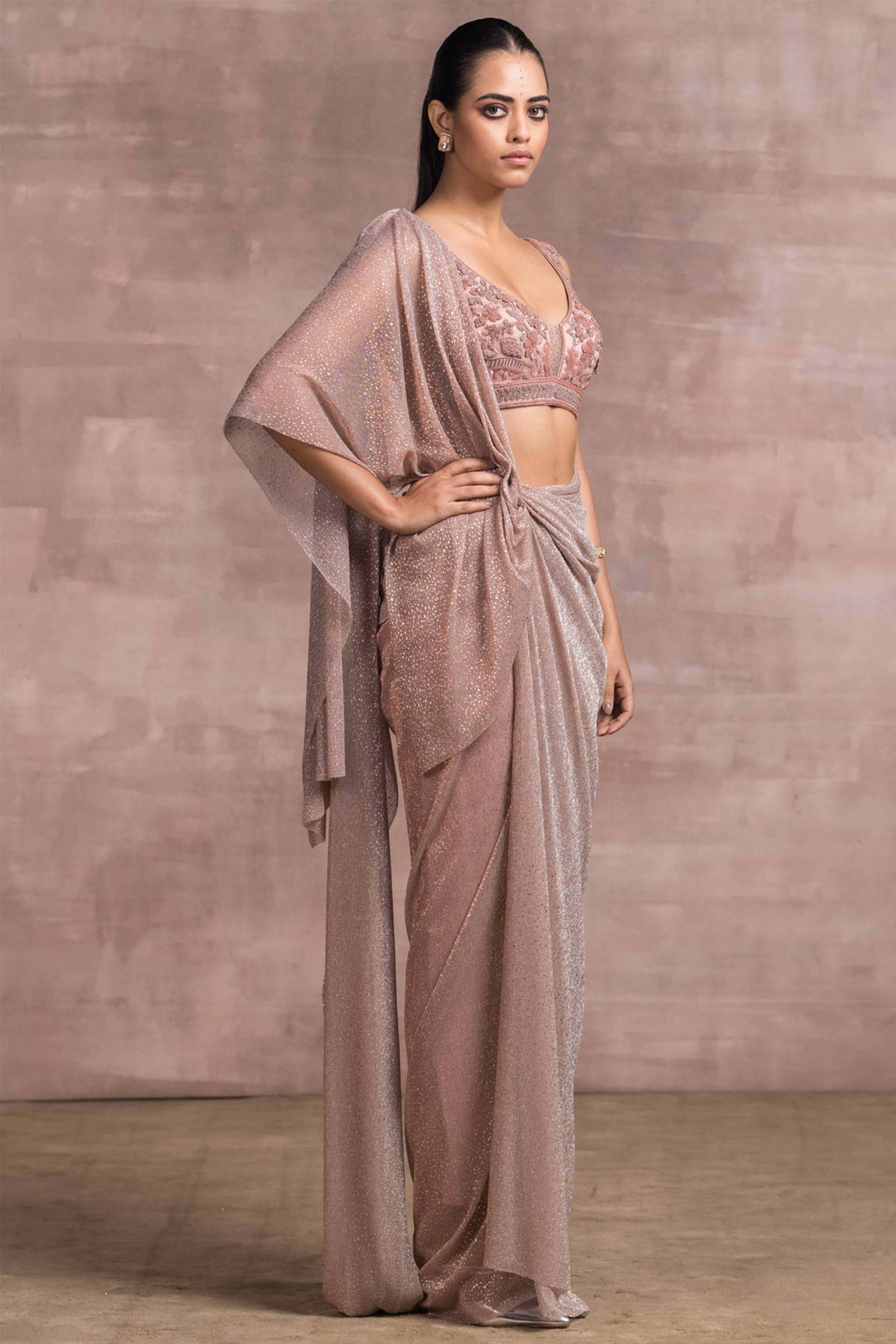 Tarun Tahiliani Draped Concept Saree In Novelty Foil Crinkle With Blouse fusion indian designer wear online shopping melange singapore