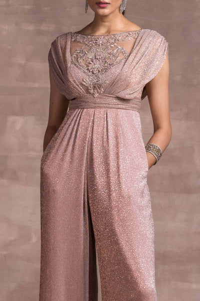 tarun tahiliani Draped Jumpsuit In Novelty Foil Crinkle With Hand-Embellished Sheer Bodice pink fusion indian designer wear online shopping melange singapore
