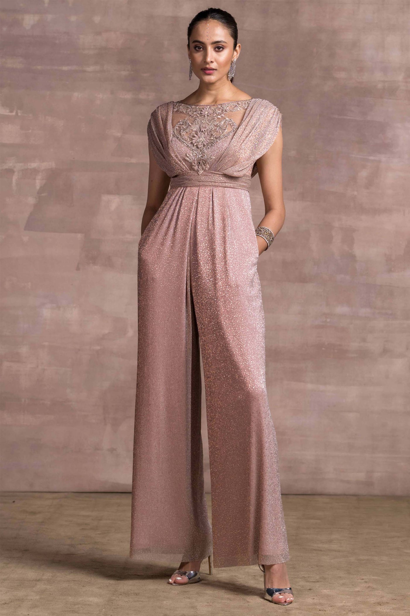 tarun tahiliani Draped Jumpsuit In Novelty Foil Crinkle With Hand-Embellished Sheer Bodice pink fusion indian designer wear online shopping melange singapore