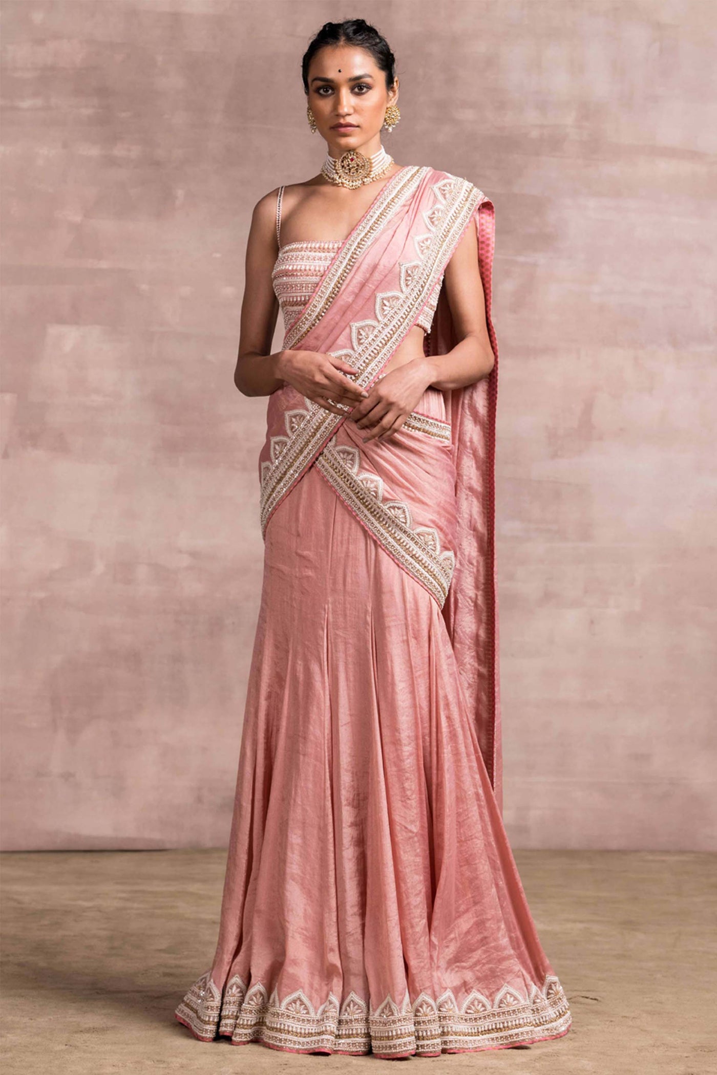 Tarun Tahiliani Kalidar Concept Saree With Resham Border Paired With Strappy Bustier peach festive indian designer wear online shopping melange singapore