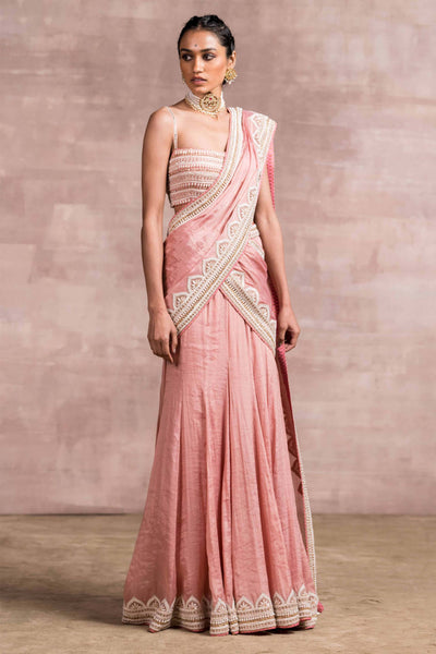 Tarun Tahiliani Kalidar Concept Saree With Resham Border Paired With Strappy Bustier peach festive indian designer wear online shopping melange singapore