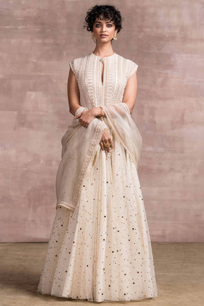 Tarun tahiliani Kalidar Tulle Anarkali Paired With Matching Churidar And Scarf ivory festive indian designer wear online shopping melange singapore