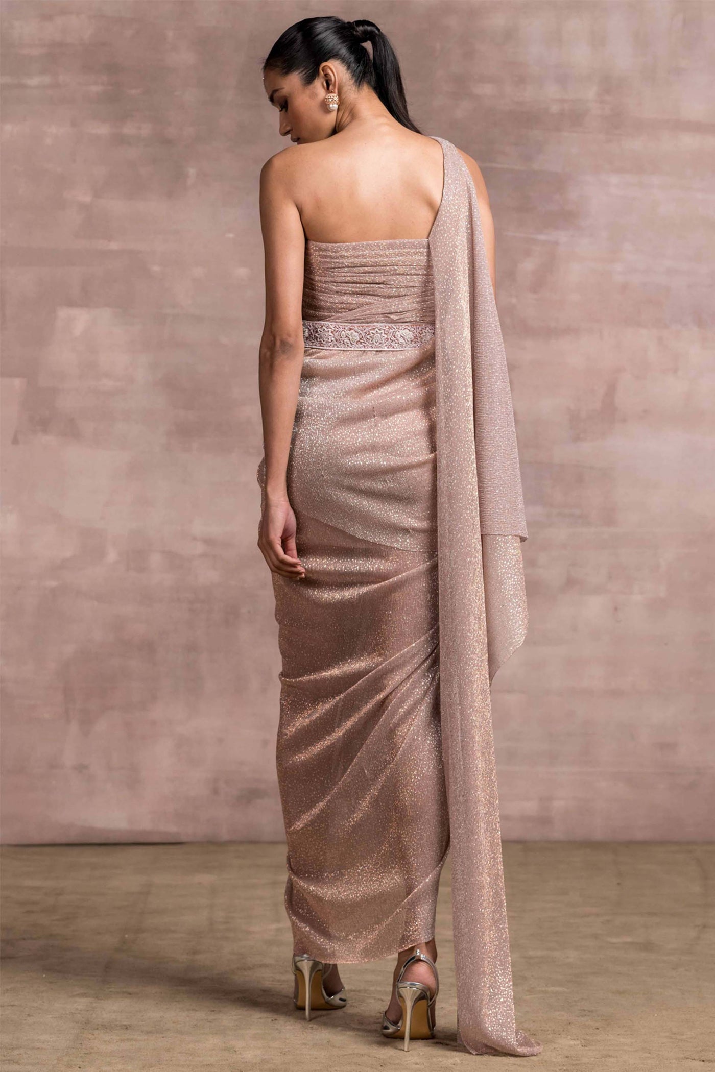 tarun tahiliani One-Shoulder Draped Jersey Dress With Embroidered Waistband And Attached Waterfall Stole pink fusion indian designer wear online shopping melange singapore
