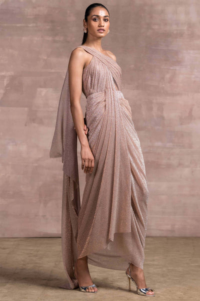 tarun tahiliani One-Shoulder Draped Jersey Dress With Embroidered Waistband And Attached Waterfall Stole pink fusion indian designer wear online shopping melange singapore