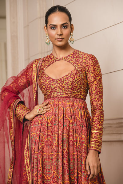 Tarun Tahilianii Anarkali With Churidar And Dupatta red festive indian designer wear online shopping melange singapore