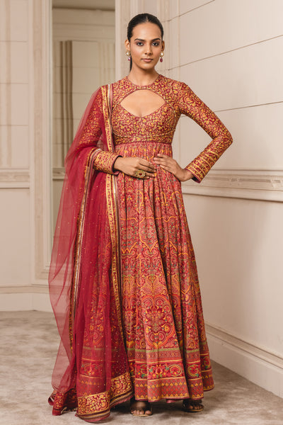 Tarun Tahilianii Anarkali With Churidar And Dupatta red festive indian designer wear online shopping melange singapore