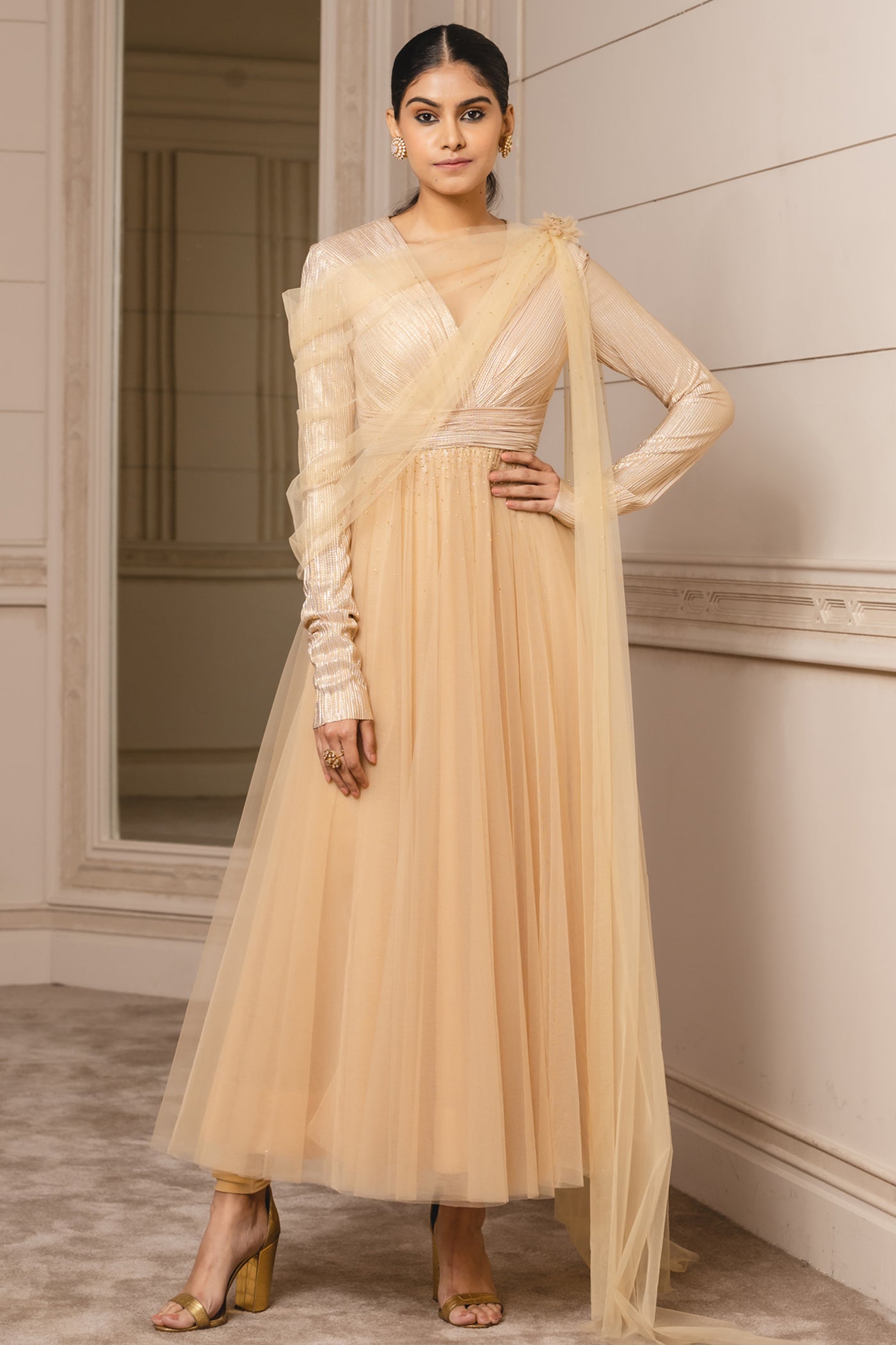 Tarun Tahiliani Anarkali With Scarf And Churidar gold festive indian designer wear online shopping melange singapore