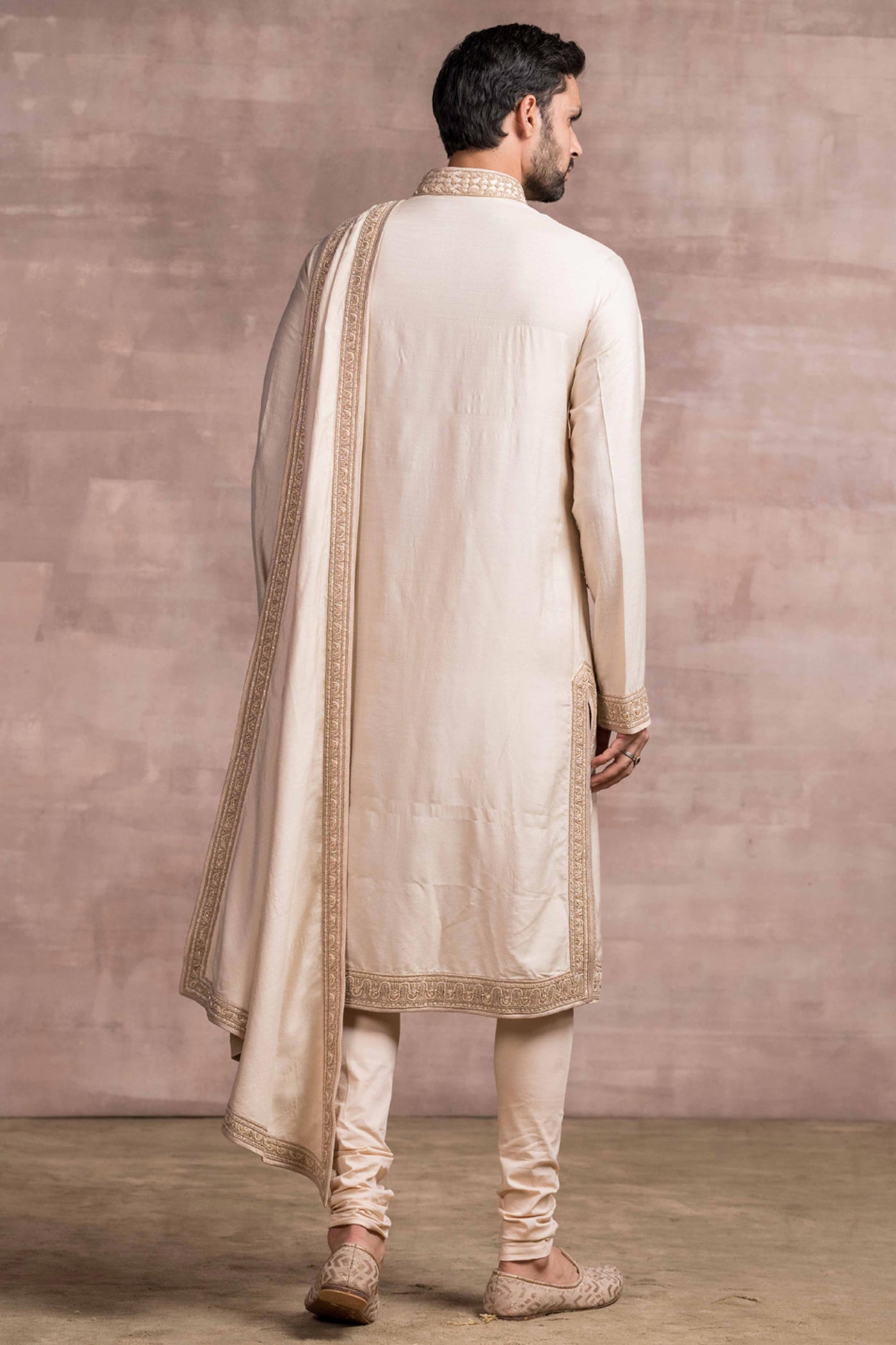 Tarun Tahiliani menswear Asymmetrical Kurta In Sand Washed Munga Silk gold men festive indian designer wear online shopping melange singapore
