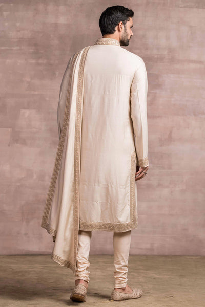 Tarun Tahiliani menswear Asymmetrical Kurta In Sand Washed Munga Silk gold men festive indian designer wear online shopping melange singapore