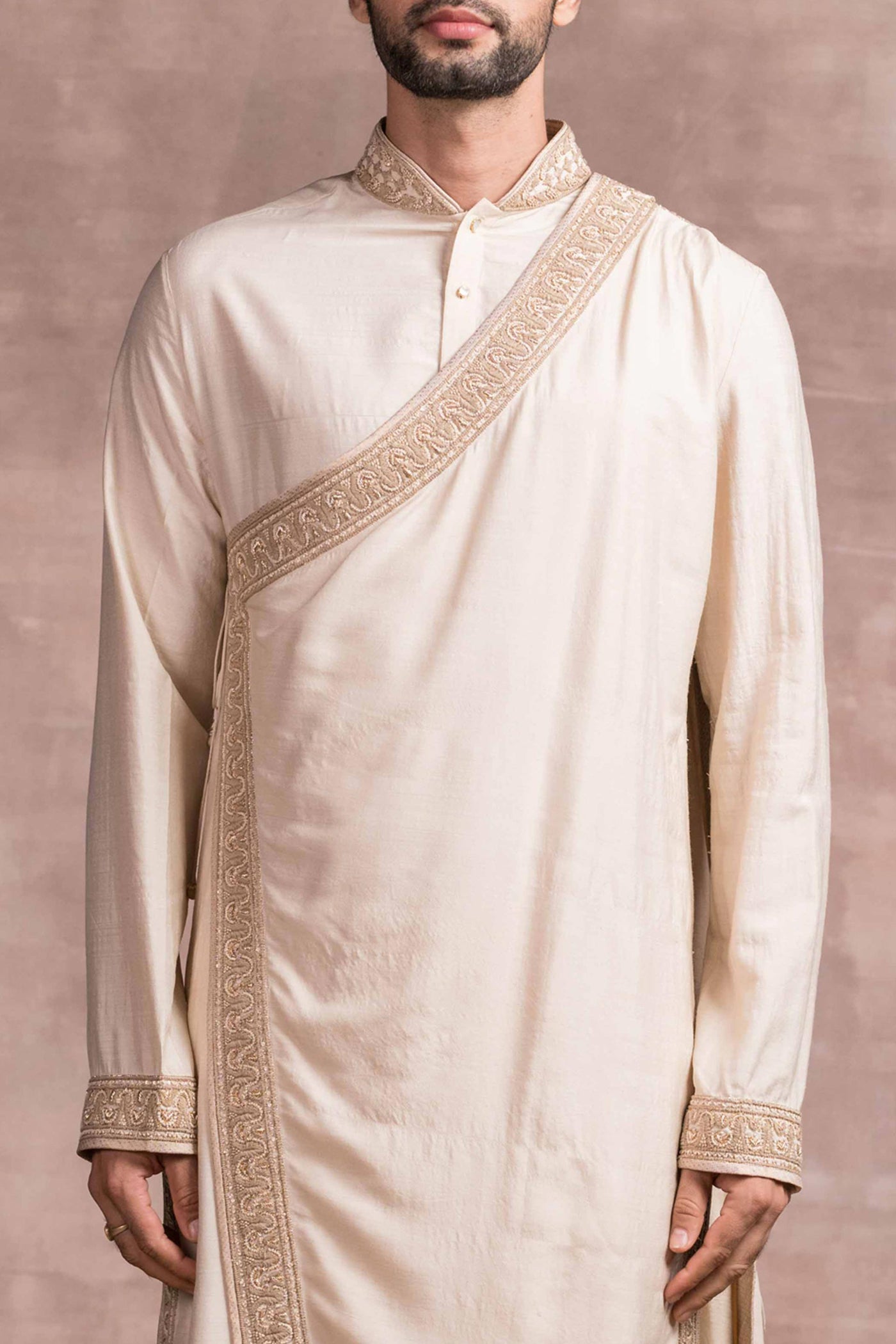 Tarun Tahiliani menswear Asymmetrical Kurta In Sand Washed Munga Silk gold men festive indian designer wear online shopping melange singapore