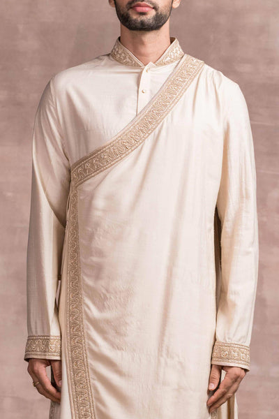 Tarun Tahiliani menswear Asymmetrical Kurta In Sand Washed Munga Silk gold men festive indian designer wear online shopping melange singapore