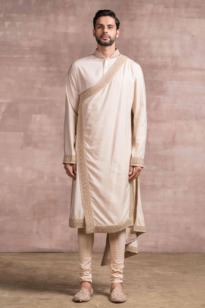 Tarun Tahiliani menswear Asymmetrical Kurta In Sand Washed Munga Silk gold men festive indian designer wear online shopping melange singapore