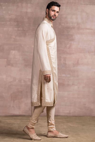 Tarun Tahiliani menswear Asymmetrical Kurta In Sand Washed Munga Silk gold men festive indian designer wear online shopping melange singapore