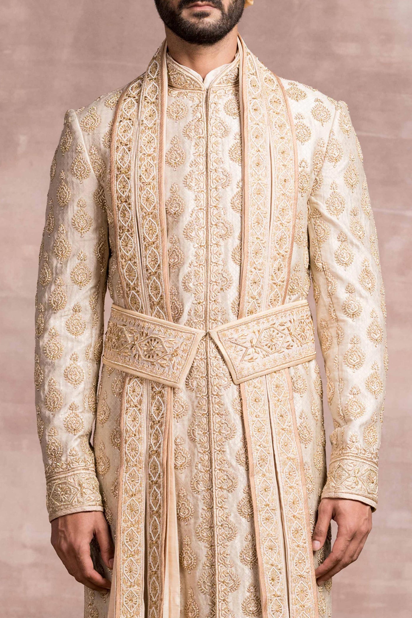 Tarun tahiliani menswear Banaras Brocade Sherwani With Zardozi And Boota Embroidery gold men indian wedding groom designer wear online shopping melange singapore