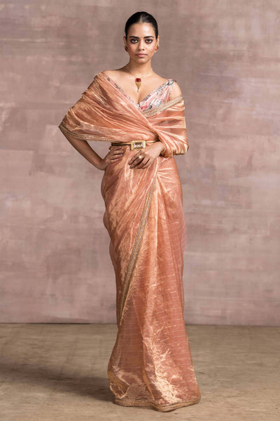 Tarun Tahilaini Banarasi Saree With Gota Border Paired With Printed Draped Blouse In Foil-Jersey pink festive indian designer wear online shopping melange singapore indian designer wear