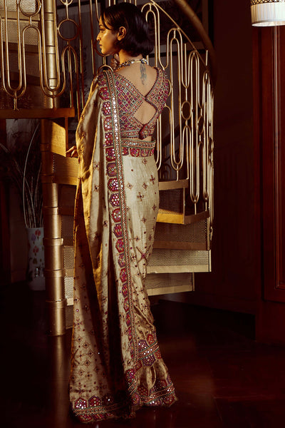 Tarun Tahiliani Brocade Saree With Toran Border With Resham And Mirror-Embroidered Blouse Embellished With Fringes gold festive indian designer wear online shopping melange singapore