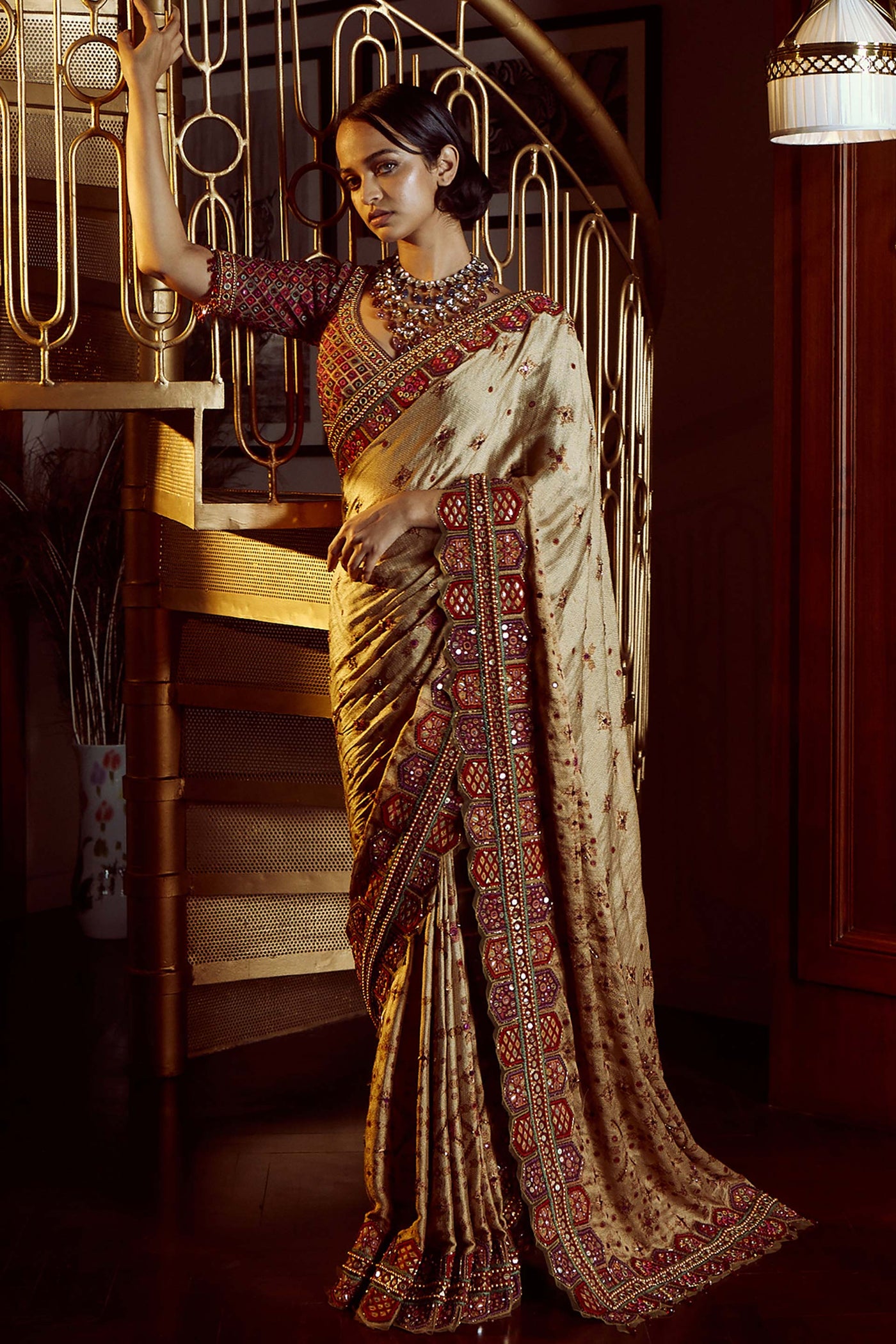 Tarun Tahiliani Brocade Saree With Toran Border With Resham And Mirror-Embroidered Blouse Embellished With Fringes gold festive indian designer wear online shopping melange singapore