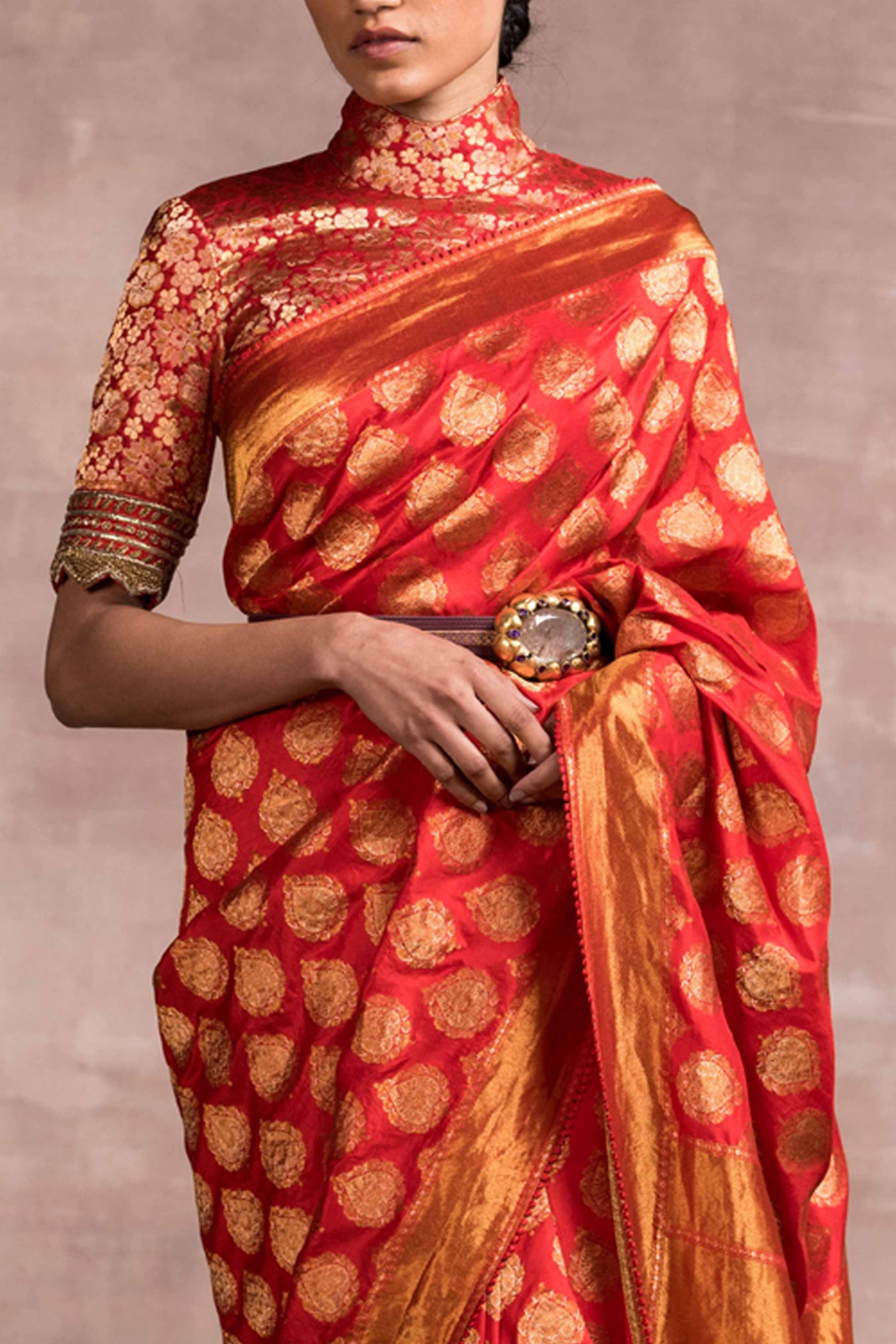 Tarun Tahiliani Buta Brocade Saree With Matching Blouse Embroidered At The Sleeves red festive occasion indian designer wear online shopping melange singapore