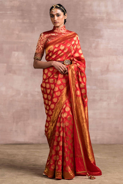 Tarun Tahiliani Buta Brocade Saree With Matching Blouse Embroidered At The Sleeves red festive occasion indian designer wear online shopping melange singapore