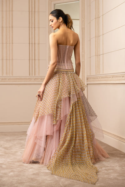 Tarun Tahiliani Cascade Lehenga In Tulle With Corset blush fusion indian designer wear online shopping melange singapore