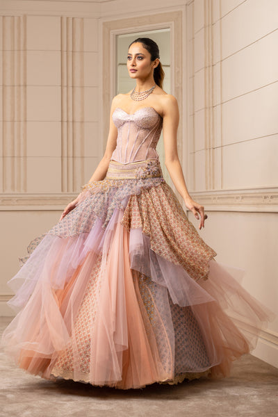 Tarun Tahiliani Cascade Lehenga In Tulle With Corset blush fusion indian designer wear online shopping melange singapore