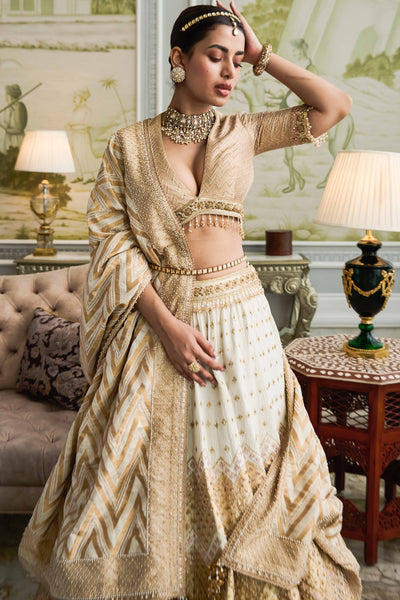 Tarun Tahiliani Chevron Lehenga With Blouse And Dupatta gold white festive indian designer wear bridal online shopping melange singapore