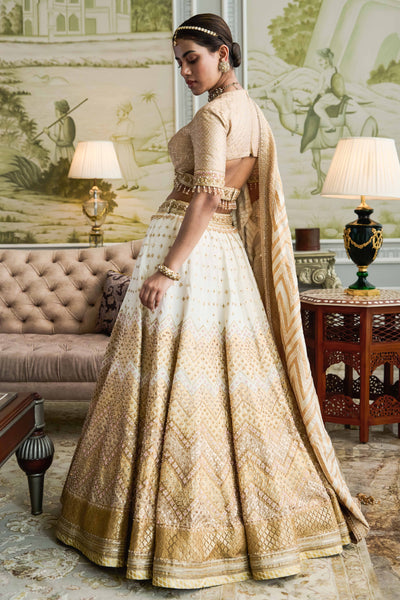 Tarun Tahiliani Chevron Lehenga With Blouse And Dupatta gold white festive indian designer wear bridal online shopping melange singapore