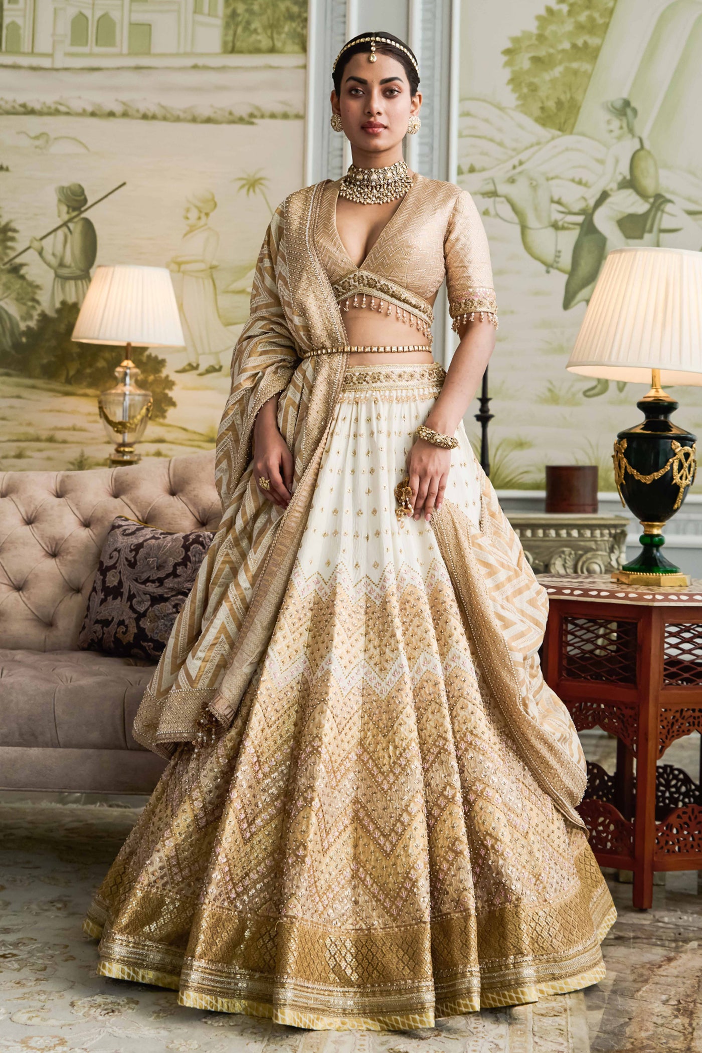 Tarun Tahiliani Chevron Lehenga With Blouse And Dupatta gold white festive indian designer wear bridal online shopping melange singapore