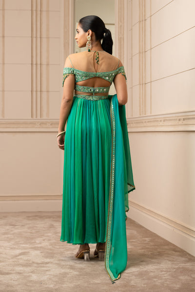 Tarun Tahiliani Chiffon Anarkali With Crystal Detailing green festive occasion indian designer wear online shopping melange singapore