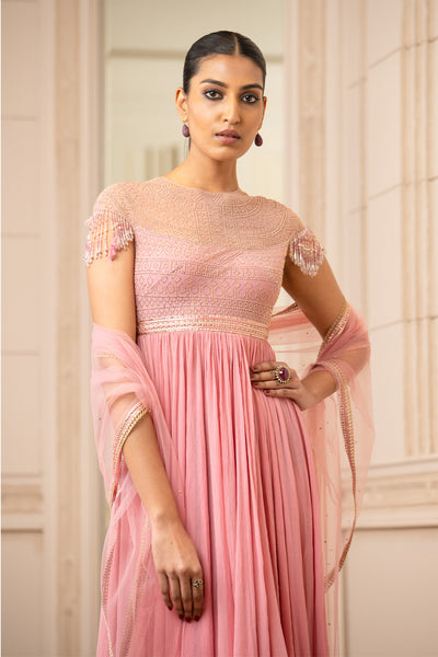 Tarun tahiliani Chiffon Anarkali With Crystal Detailing pink festive occasion indian designer wear online shopping melange singapore