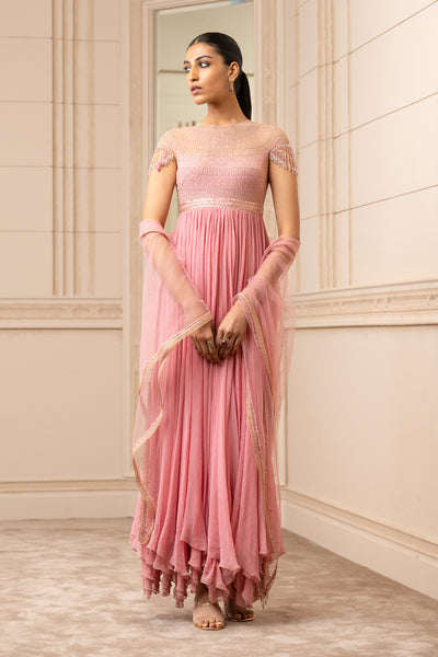 Tarun tahiliani Chiffon Anarkali With Crystal Detailing pink festive occasion indian designer wear online shopping melange singapore